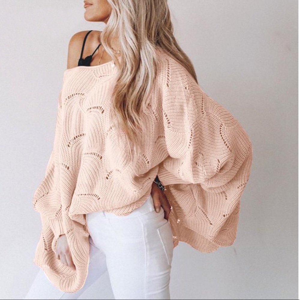 Boho Knit Sweater Scalloped Crochet Oversized - Picture 8 of 11